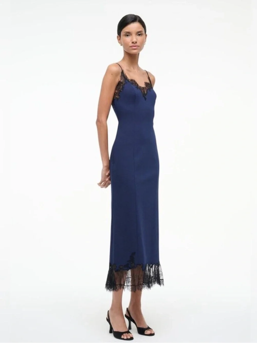 Staud Nadia Lace Trim Midi Dress in Navy S